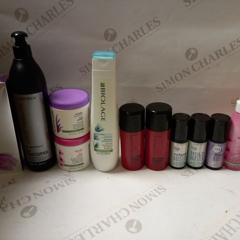 LOT OF APPROX 12 ASSORTED MATRIX HAIRCARE PRODUCTS TO INCLUDE RESTORING TREATMENT, TEXTURE BOOSTER, IRON TAMER, ETC 