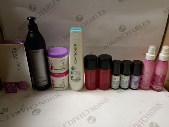 LOT OF APPROX 12 ASSORTED MATRIX HAIRCARE PRODUCTS TO INCLUDE RESTORING TREATMENT, TEXTURE BOOSTER, IRON TAMER, ETC 