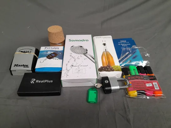 BOX OF ASSORTED HOUSEHOLD ITEMS TO INCLUDE PENS, SHOWER HEAD AND MASTER LOCK