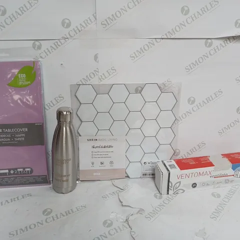 BOX OF APPROX 12 ITEMS TO INCLUDE - PAPER TABLE COVER - STEEL WATER BOTTLE - VENTOMAX VENTILATE ECT