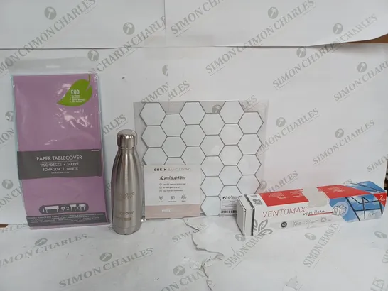 BOX OF APPROX 12 ITEMS TO INCLUDE - PAPER TABLE COVER - STEEL WATER BOTTLE - VENTOMAX VENTILATE ECT