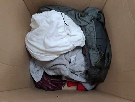 LARGE BOX OF ASSORTED CLOTHING ITEMS TO INCLUDE COATS, SANDALS, PANTS, ETC