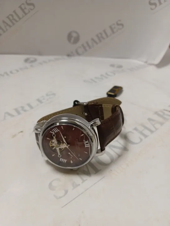 BOXED SAMUEL JOSEPH AUTOMATIC STEEL BROWN WATCH WITH LEATHER STRAP