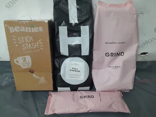 LOT OF 4 ASSORTED PACKS OF COFFEE INCLUDES BEANIES STICK STASH AND GROUND FULL FRENCH 1KG