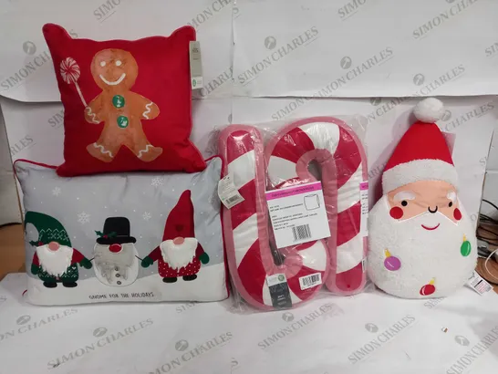 BOX OF APPROX 14 ASSORTED ITEMS TO INCLUDE - GINGER BREAD CUSHION - GNOME FOR THE HOLIDAYS CUSHION - SANTA FACE CUSHION ECT 