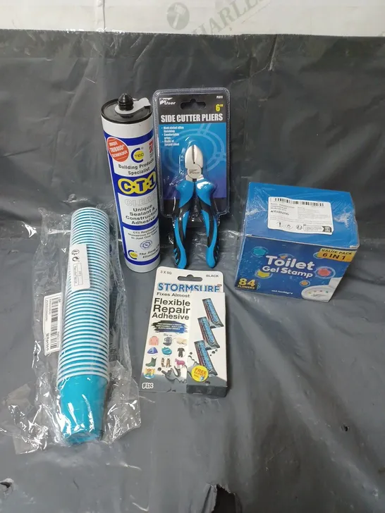 BOX OF APPROXIMATELY 15 ASSORTED HOUSEHOLD ITEMS TO INCLUDE TOILET GEL STAMPS, CLEAR SEALANT AND SIDE CUT PLIERS