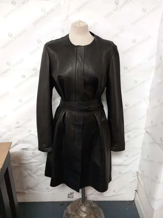 MASSIMO DUTTI BLACK LEATHER LONG COAT WITH WRAP ROUND BELT SIZE UNSPECIFIED