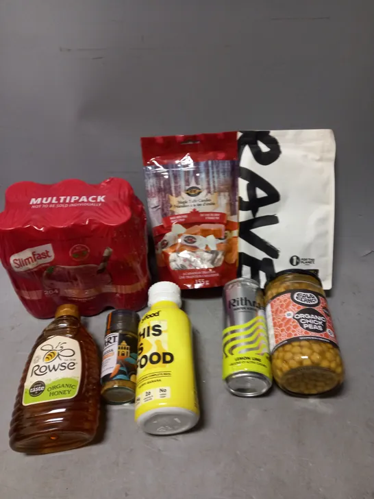 APPROXIMATELY 10 ASSORTED FOOD/DRINK PRODUCTS TO INCLUDE SLIMFAST SHAKES, ROWSE HONEY, RAVE COFFEE ETC - COLLECTION ONLY 