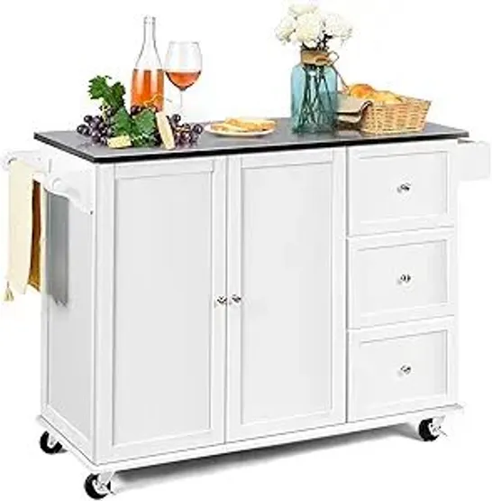 BOXED COSTWAY 2-DOORS ROLLING KITCHEN ISLAND CART WITH 3 DRAWERS - WHITE