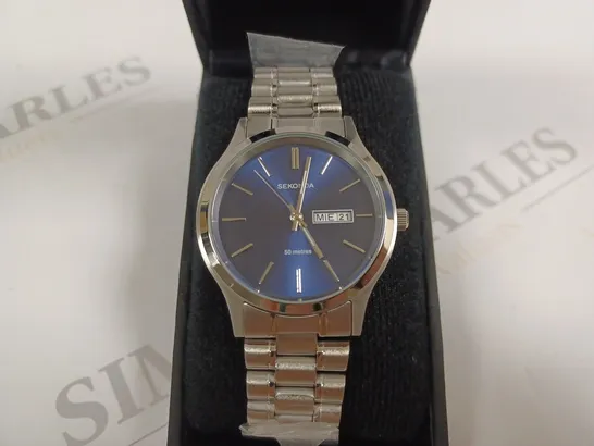 BOXED SEKONDA ALL STAINLESS STEEL BLUE FACED MENS WATCH