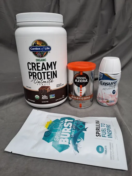 BOX OF APPROXIMATELY 10 ITEMS TO INCLUDE NESCAFE AMERICANO, OATMILK PROTEIN, ENSURE PLUS ETC