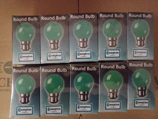 LOT OF 20 BRAND NEW CROMPTON LAMPS COLOURGLAZED 45MM ROUND BULB 15W GREEN ROU15GBC-GLZ