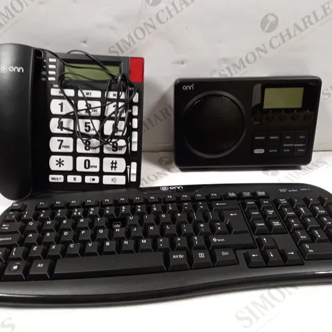 LOT OF APPROXIMATELY 16 ONN PRODUCTS TO INCLUDE PORTABLE AM/FM RADIO, WIRELESS KEYBOARD, BIG BUTTON CORDED PHONE, ETC