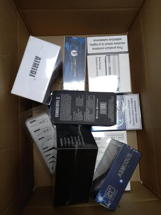 BOX OF APPROXIMATELY 10 ASSORTED E-CIG PRODUCTS TO INCLUDE ASPIRE, OXVA, AIMIDI ETC