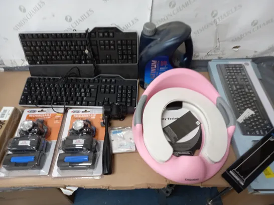 LARGE QUANTITY OF ASSORTED ITEMS TO INCLUDE ICANDY PEACH CONVERTER BASE, AIRSOFT GAS MAGAZINE, TACTICAL HEADLAMPS, CHARGE AND SYNC CABLES AND KEYBOARDS