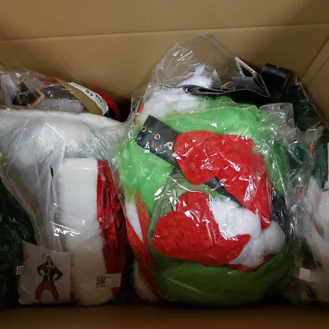 LOT OF MANY FANCY DRESS ITEMS AND CLOTHING TO INCLUDE THE GRINCH, AND OTHER CHRISTMAS RELATED ITEMS. 