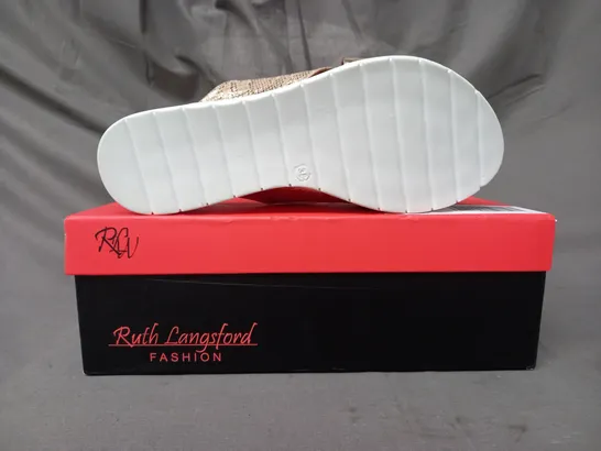 BOXED PAIR OF RUTH LANGSFORD FLAT SANDALS IN METALLIC CHAMPAGNE GOLD SIZE 5