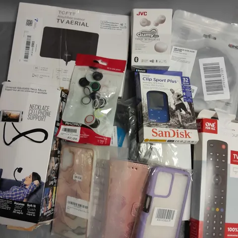 BOX OF APPROX 40 ELETRICAL ITEMS AND ACCESSORIES TO INCLUDE SANDISK CLIP SPORT PLUS, JVC GUMMY WIRELESS EARBUDS, ONE FOR ALL UNIVERSAL TV REMOTE ETC 