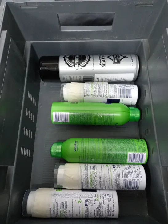 BOX OF APPROXIMATELY 10 ASSORTED AEROSOLS TO INCLUDE - LUSTERS PINK SHEEN SPRAY - INFINITY WAX AVENTUS BLAST CAN CAR SPRAY - MASTERPLAST FREEZE SPRAY - ETC - COLLECTION ONLY