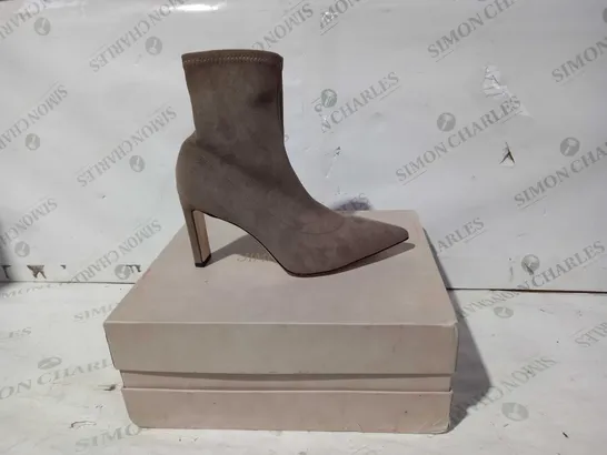 BOXED PAIR OF JIMMY CHOO HEELED FAUX SUEDE BOOTS IN KHAKI EU SIZE 38