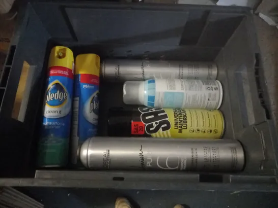 BOX OF APPROX 10 ASSORTED AEROSOLS INCLUDING PLEDGE MULTISURFACE CLEANER, S.A.S UNIVERSAL MAINTENANCE LUBRICANT AND LOREAL INFINIUM PURE HAIRSPRAY - COLLECTION ONLY