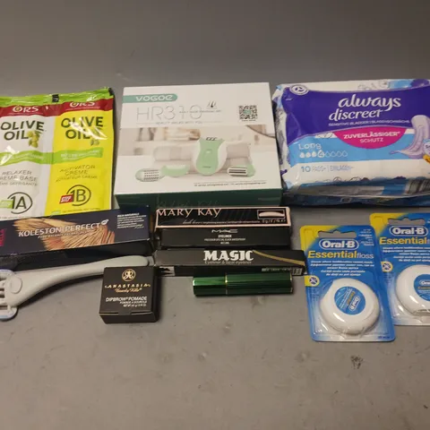 BOX OF APPROXIMATELY 20 COSMETIC ITEMS TO INCLUDE - PADS, FLOSS, RAZOR, AND OLIVE OIL MASK ETC.