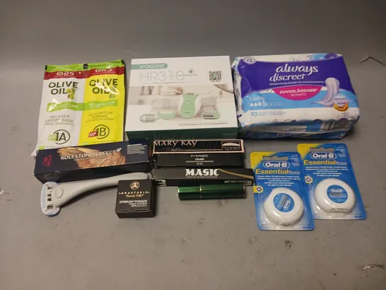 BOX OF APPROXIMATELY 20 COSMETIC ITEMS TO INCLUDE - PADS, FLOSS, RAZOR, AND OLIVE OIL MASK ETC.