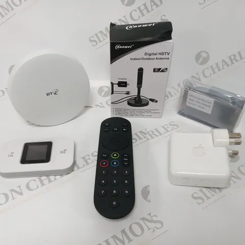 LARGE QUANTITY OF ASSORTED ELECTRICAL DEVICES AND ACCESSORIES TO INCLUDE; BT MINI WHOLE HOME WIFI, HOWEI DIGITAL HDTV INDOOR/OUTDOOR ANTENNA AND APPLE POWER ADAPTER