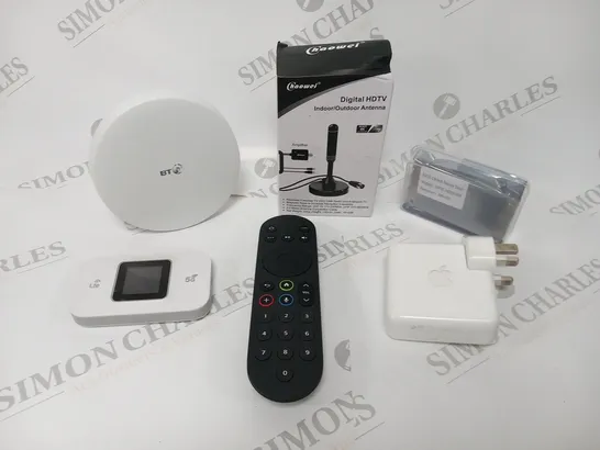 LARGE QUANTITY OF ASSORTED ELECTRICAL DEVICES AND ACCESSORIES TO INCLUDE; BT MINI WHOLE HOME WIFI, HOWEI DIGITAL HDTV INDOOR/OUTDOOR ANTENNA AND APPLE POWER ADAPTER