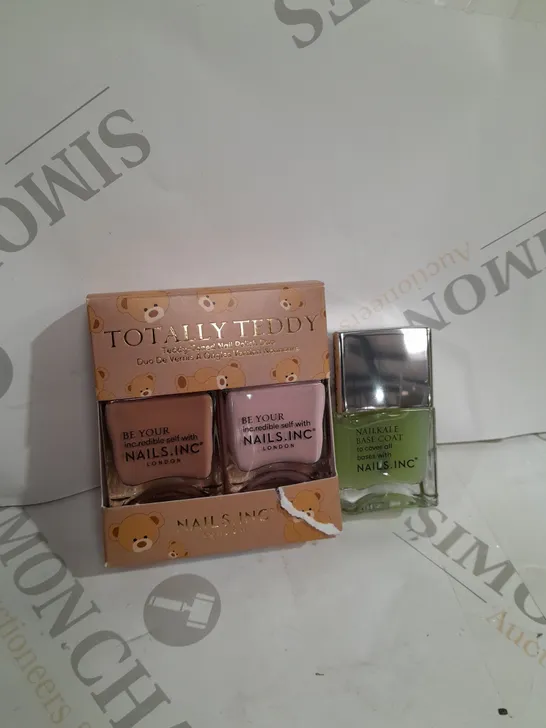 BOX OF 3 NAIL PRODUCTS TO INCLUDE TOTALLY TEDDY DUO, NAILKALE BASE COAT.