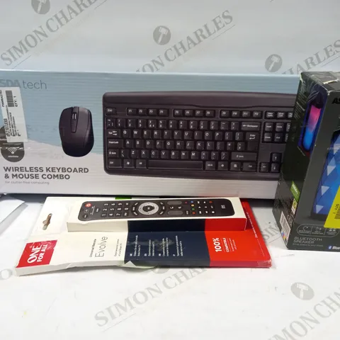 LOT OF APPROXIMATELY 40 ASSORTED ITEMS TO INCLUDE BLUETOOTH SPEAKER, WIRELESS KEYBOARD AND MOUSE COMBO, ONE FOR ALL UNIVERSAL REMOTE EVOLVE, ETC