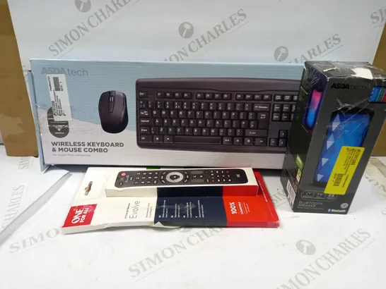 LOT OF APPROXIMATELY 40 ASSORTED ITEMS TO INCLUDE BLUETOOTH SPEAKER, WIRELESS KEYBOARD AND MOUSE COMBO, ONE FOR ALL UNIVERSAL REMOTE EVOLVE, ETC