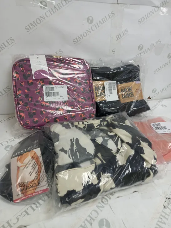 BOX OF APPROXIMATELY 15 ASSORTED ITEMS TO INCLUDE MAKE UP CASE, SHAPER SHORTS, BLACK TIGHTS ETC