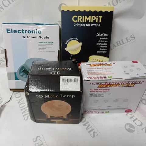 BOX OF ASSORTED ITEMS TO INCLUDE CRIMPIT / ELECTRONIC KITCHIN SCALES / 3D MOON LAP / ULTRASONICPEST REPELLER 