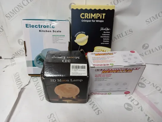 BOX OF ASSORTED ITEMS TO INCLUDE CRIMPIT / ELECTRONIC KITCHIN SCALES / 3D MOON LAP / ULTRASONICPEST REPELLER 