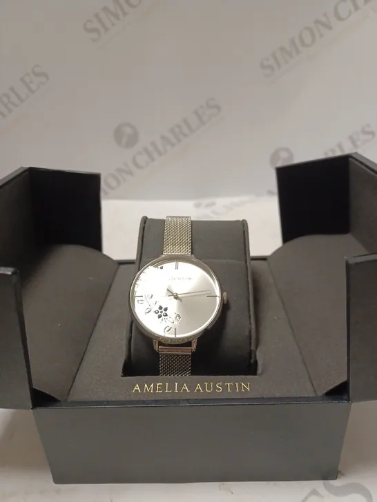 AMELIA AUSTIN SMALL FLOWER DETAILED SILVER WATCH BOXED 