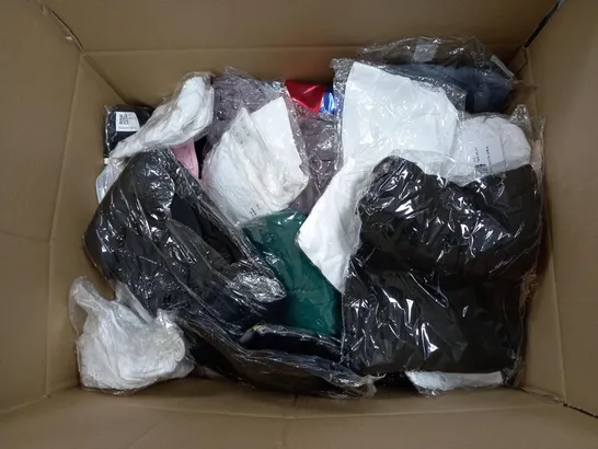 LARGE BOX OF ASSORTED CLOTHING ITEMS IN VARIOUS COLOURS AND SIZES INCLUDING TROUSERS , TOPS AND JUMPERS 