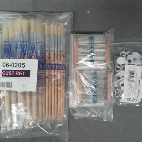 BOX OF APPROXIMATELY 10 ASSORTED ITEMS TO INCLUDE PACK OF BRUSHES, RESISTORS, WIGGLE EYES, ETC - COLLECTION ONLY