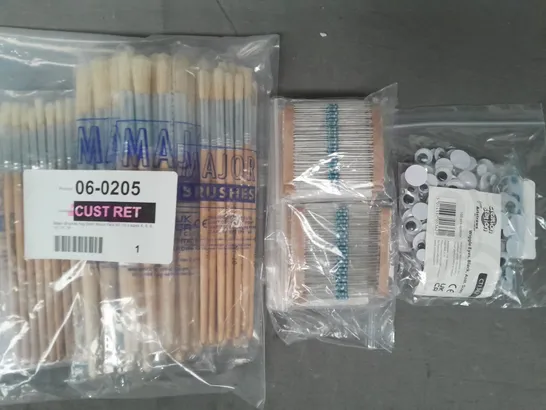 BOX OF APPROXIMATELY 10 ASSORTED ITEMS TO INCLUDE PACK OF BRUSHES, RESISTORS, WIGGLE EYES, ETC - COLLECTION ONLY