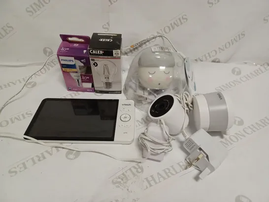 LOT TO CONTAIN 5 X ASSORTED TECH PRODUCTS, INCLUDES BABY MONITOR & CAMERA, BABY SQUEEZE NIGHTLIGHT, LIGHT BULBS ETC