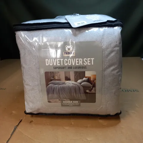 TEDDY COLLECTION FLEECE DUVET SET - SILVER, DOUBLE