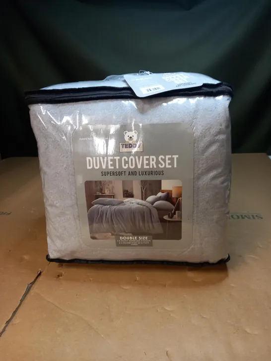 TEDDY COLLECTION FLEECE DUVET SET - SILVER, DOUBLE