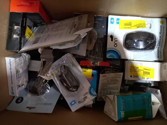 BOX OF APPROXIMATELY 20 ASSORTED HOUSEHOLD ITEMS TO INCLUDE ONN STEREO HEADSET, BLACKWEB 3-WAY HDMI SELECTOR, ASDA TECH WIRELESS OPTICAL MOUSE, ETC