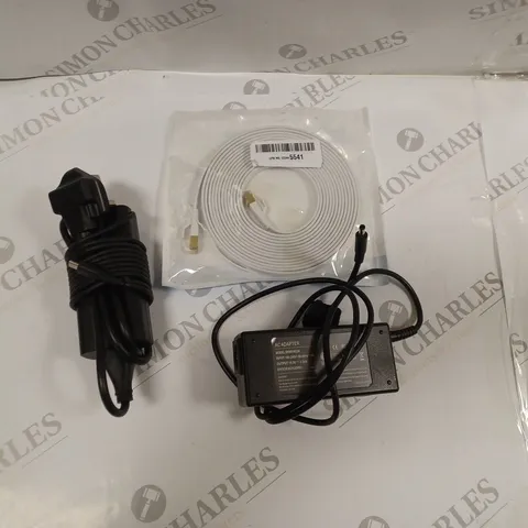 BOX OF ASSORTED ELECTRONIC CABLES AND COMPONENTS TO INCLUDE ETHERNET CABLE, DELL MAINS TO USB-C POWER ADAPTER DA65NM190, AC ADAPTER SK90195334, ETC