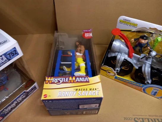 LOT OF APPROX 4 ASSORTED TOY RELATED ITEMS TO INCLUDE: MARVEL POP, RANDY SAVAGE FIGURE, MINIONS 