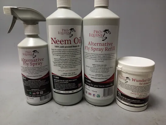 LOT OF 4 PRO-EQUINE HORSE CARE ITEMS TO INCLUDE ALTERNATIVE FLY SPRAY, WUNDER GEL AND NEEM OIL