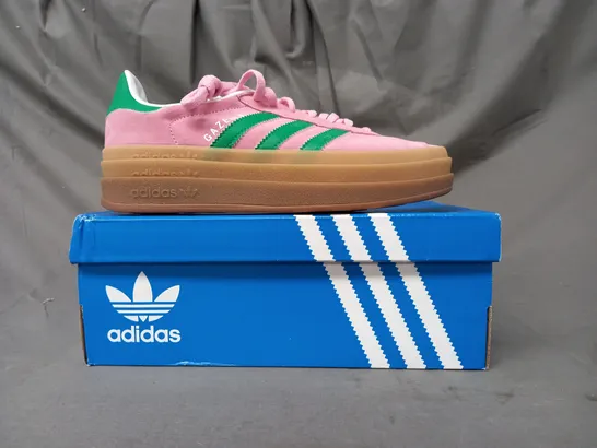 BOXED PAIR OF ADIDAS GAZELLE BOLD SHOES IN PINK/GREEN UK SIZE 5