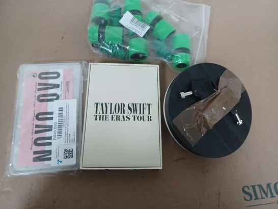 BOX OF ASSORTED HOUSE HOLD ITEMS TO INCLUDE - HOSE PIPE ATTACHMENTS - TAYLOR SWIFT THE ERAS TOUR - NOVO OVO 