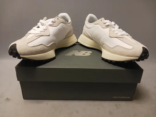 BOXED PAIR OF NEW BALANCE 327 SHOES IN WHITE/BLACK UK SIZE 6