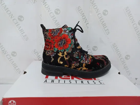 BOXED PAIR OF RIEKER LACE UP BOOTS MULTI/FLORAL PATTERN - SIZE 5